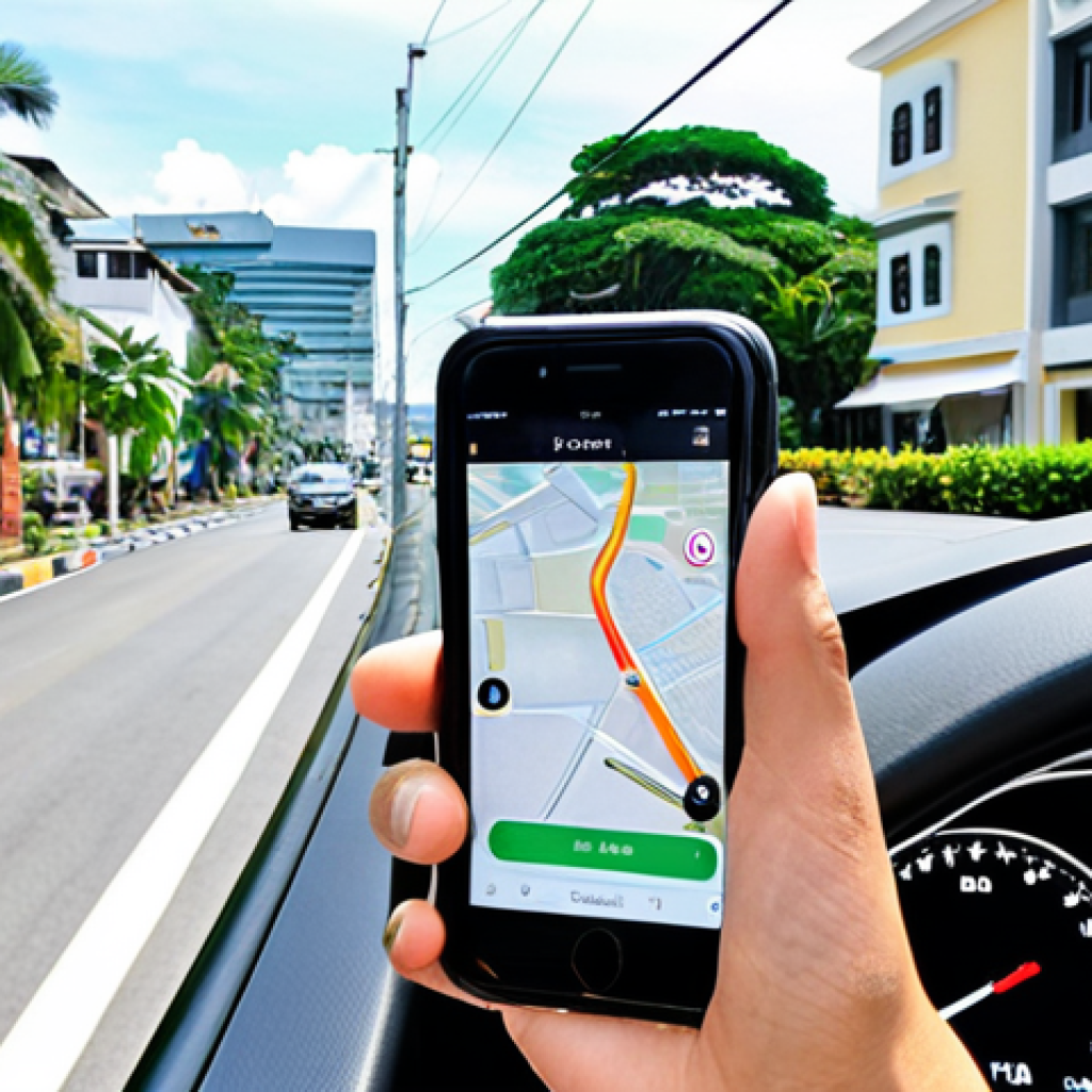 **Prompt:** A modern tourist stands on a well-maintained street in Bandar Seri Begawan, Brunei, holding a smartphone with a ride-hailing app (like Grab) clearly visible on the screen. A sleek, clean car, reminiscent of a ride-hailing vehicle, is pulling up in the background. The scene emphasizes convenience, digital age travel, and the ease of getting around the city. Bright daylight, clear skies, and a backdrop that suggests a well-developed urban environment.