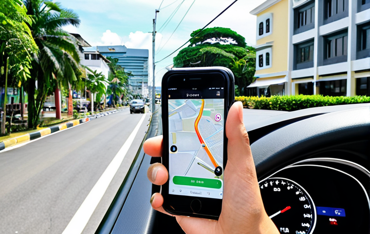 **Prompt:** A modern tourist stands on a well-maintained street in Bandar Seri Begawan, Brunei, holding a smartphone with a ride-hailing app (like Grab) clearly visible on the screen. A sleek, clean car, reminiscent of a ride-hailing vehicle, is pulling up in the background. The scene emphasizes convenience, digital age travel, and the ease of getting around the city. Bright daylight, clear skies, and a backdrop that suggests a well-developed urban environment.