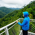 A professional solo traveler, fully clothed in modest, appropriate outdoor adventure attire, stands on a sturdy canopy walkway high above the pristine Ulu Temburong rainforest in Brunei. The expansive view showcases a spectrum of vibrant greens from the dense, towering canopy stretching to the horizon. Soft morning light filters through the leaves, creating a peaceful and awe-inspiring atmosphere. The scene is captured with professional nature photography, high detail, and realistic textures. safe for work, appropriate content, fully clothed, professional, perfect anatomy, correct proportions, natural pose, well-formed hands, proper finger count, natural body proportions.