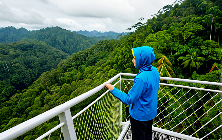 A professional solo traveler, fully clothed in modest, appropriate outdoor adventure attire, stands on a sturdy canopy walkway high above the pristine Ulu Temburong rainforest in Brunei. The expansive view showcases a spectrum of vibrant greens from the dense, towering canopy stretching to the horizon. Soft morning light filters through the leaves, creating a peaceful and awe-inspiring atmosphere. The scene is captured with professional nature photography, high detail, and realistic textures. safe for work, appropriate content, fully clothed, professional, perfect anatomy, correct proportions, natural pose, well-formed hands, proper finger count, natural body proportions.