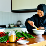 A professional-looking female traveler with a kind, older Bruneian woman (Auntie Fatimah) in a traditional, clean home kitchen. The Bruneian woman, wearing modest traditional attire, is gently guiding the traveler, who is in modest casual wear, on how to use a mortar and pestle to pound spices. Fresh, colorful ingredients like chilies, herbs, and pandan leaves are neatly arranged on a wooden countertop. The kitchen is well-lit with warm, natural light, conveying an inviting and authentic atmosphere. fully clothed, modest clothing, appropriate attire, professional dress, safe for work, appropriate content, family-friendly, perfect anatomy, correct proportions, natural pose, well-formed hands, proper finger count, natural body proportions, professional photography, high quality.