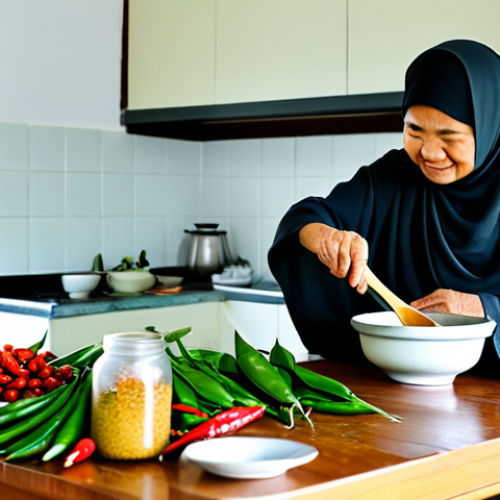 A professional-looking female traveler with a kind, older Bruneian woman (Auntie Fatimah) in a traditional, clean home kitchen. The Bruneian woman, wearing modest traditional attire, is gently guiding the traveler, who is in modest casual wear, on how to use a mortar and pestle to pound spices. Fresh, colorful ingredients like chilies, herbs, and pandan leaves are neatly arranged on a wooden countertop. The kitchen is well-lit with warm, natural light, conveying an inviting and authentic atmosphere. fully clothed, modest clothing, appropriate attire, professional dress, safe for work, appropriate content, family-friendly, perfect anatomy, correct proportions, natural pose, well-formed hands, proper finger count, natural body proportions, professional photography, high quality.