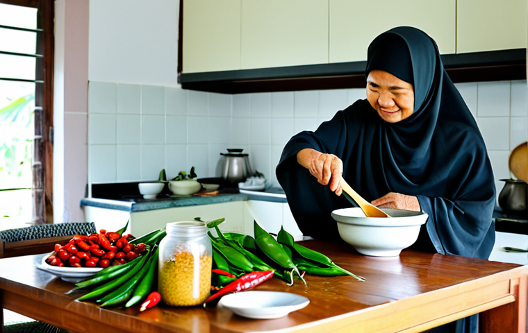 A professional-looking female traveler with a kind, older Bruneian woman (Auntie Fatimah) in a traditional, clean home kitchen. The Bruneian woman, wearing modest traditional attire, is gently guiding the traveler, who is in modest casual wear, on how to use a mortar and pestle to pound spices. Fresh, colorful ingredients like chilies, herbs, and pandan leaves are neatly arranged on a wooden countertop. The kitchen is well-lit with warm, natural light, conveying an inviting and authentic atmosphere. fully clothed, modest clothing, appropriate attire, professional dress, safe for work, appropriate content, family-friendly, perfect anatomy, correct proportions, natural pose, well-formed hands, proper finger count, natural body proportions, professional photography, high quality.