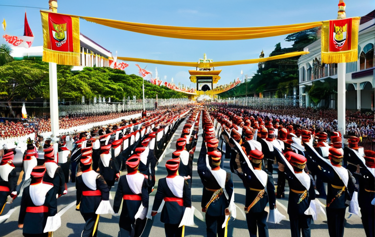 브루나이 다문화 축제 - **Image Prompt: The Royal Grandeur of National Day Parade**
    "A wide-angle, vibrant, and highly d...