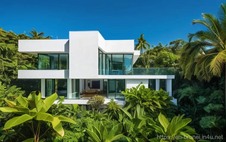 브루나이 기름값 현황 - 35/L"), highlighting the incredible affordability. In the background, lush tropical foliage and clea...