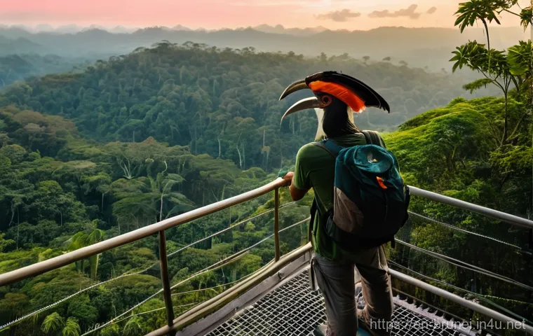 브루나이의 조류 관찰 명소 - **Ulu Temburong Canopy Walkway at Dawn:** An immersive, eye-level view from the Ulu Temburong Nation...