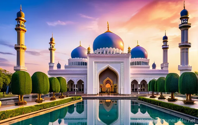 브루나이 최고의 스팟 - Golden Grandeur at Sunset: Sultan Omar Ali Saifuddien Mosque**

"A stunning wide-angle shot of the S...