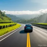 브루나이 국내선 항공 서비스 - **Prompt:** A sleek, modern car, perhaps a silver sedan or a dark SUV, cruises effortlessly on a pri...