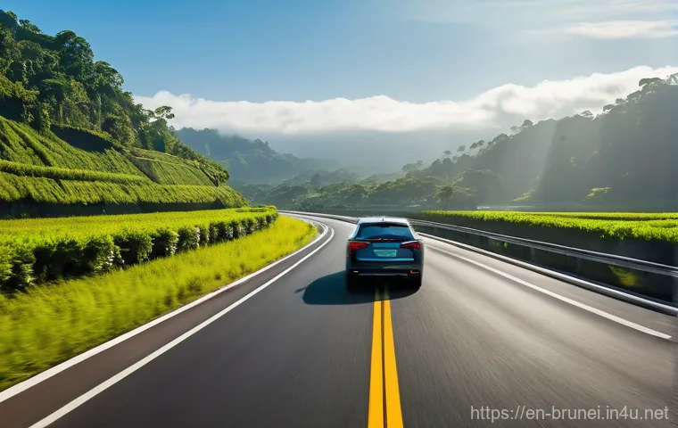 브루나이 국내선 항공 서비스 - **Prompt:** A sleek, modern car, perhaps a silver sedan or a dark SUV, cruises effortlessly on a pri...