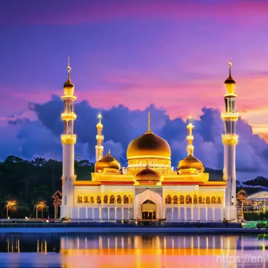 브루나이 여행 일기 - **Omar Ali Saifuddien Mosque at Sunset:** A majestic wide shot of the Omar Ali Saifuddien Mosque in ...