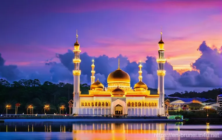 브루나이 여행 일기 - **Omar Ali Saifuddien Mosque at Sunset:** A majestic wide shot of the Omar Ali Saifuddien Mosque in ...