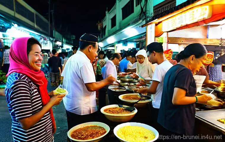 브루나이 무슬림 관광 가이드 - **Bruneian Culinary Delights at Gadong Night Market:**
    A vibrant, bustling scene at the Gadong N...