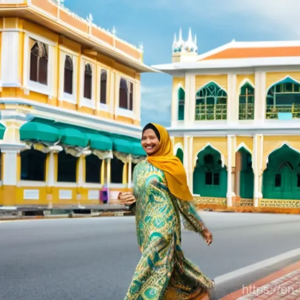 브루나이 관광 중 안전 규칙 - **Prompt:** "A warm and respectful street scene in Bandar Seri Begawan, Brunei. A female tourist, dr...