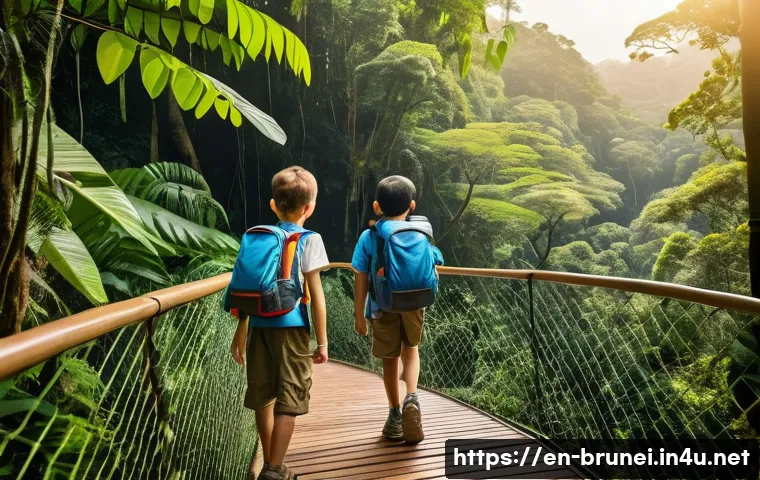 브루나이 가족 여행 계획 - A vibrant family scene exploring Ulu Temburong National Park in Brunei: parents and two children wea...