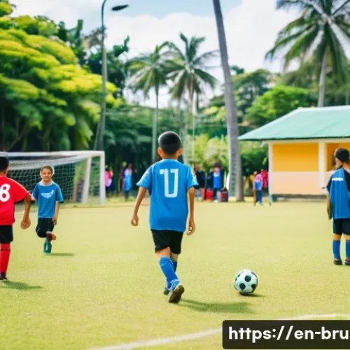 브루나이의 인기 스포츠 - A vibrant community football match in a lush Brunei neighborhood park during a sunny weekend afterno...