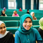 브루나이 대학 및 교육 시스템 - A vibrant university campus scene in Brunei showcasing a modern lecture hall filled with diverse stu...