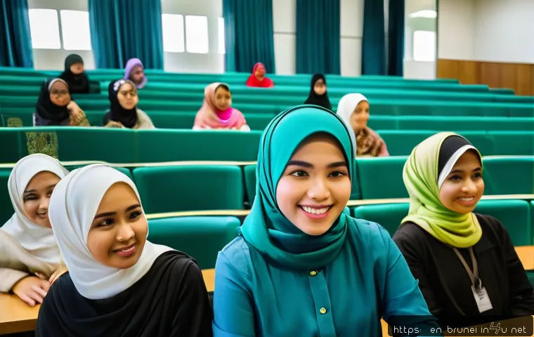 브루나이 대학 및 교육 시스템 - A vibrant university campus scene in Brunei showcasing a modern lecture hall filled with diverse stu...