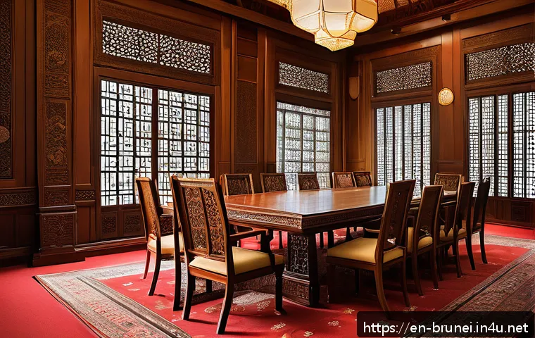 브루나이의 평화 정책 - A serene diplomatic meeting room featuring Bruneian officials dressed in traditional Malay attire, e...