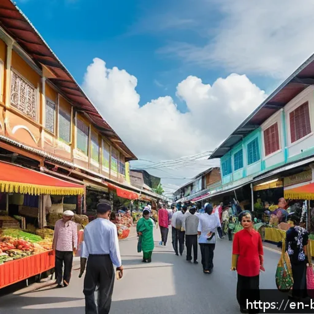 브루나이 지역별 방언 차이 - A vibrant street scene in Brunei-Muara district showcasing a multicultural urban market bustling wit...