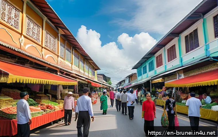 브루나이 지역별 방언 차이 - A vibrant street scene in Brunei-Muara district showcasing a multicultural urban market bustling wit...
