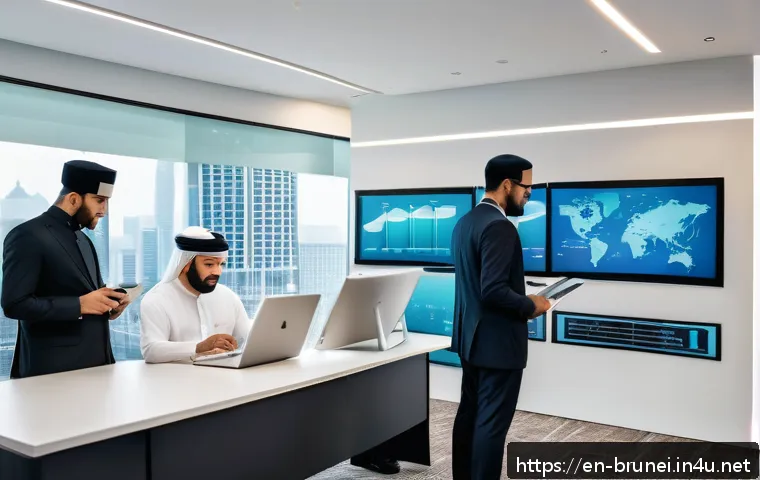 브루나이 이슬람 금융 시스템 - A modern Islamic finance office interior in Brunei, featuring a diverse team of professionals in bus...