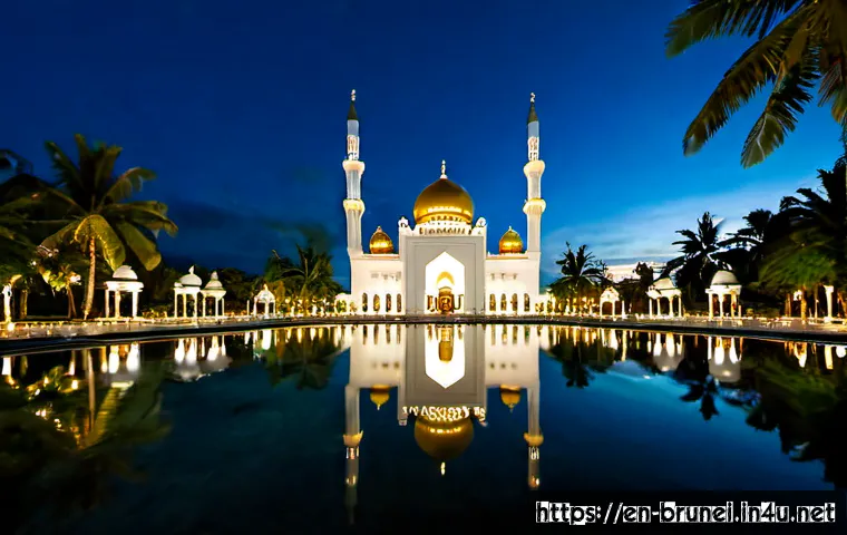 브루나이 이슬람 사원 소개 - Photorealistic wide-angle exterior of a grand Brunei Islamic mosque at blue hour, gleaming golden do...