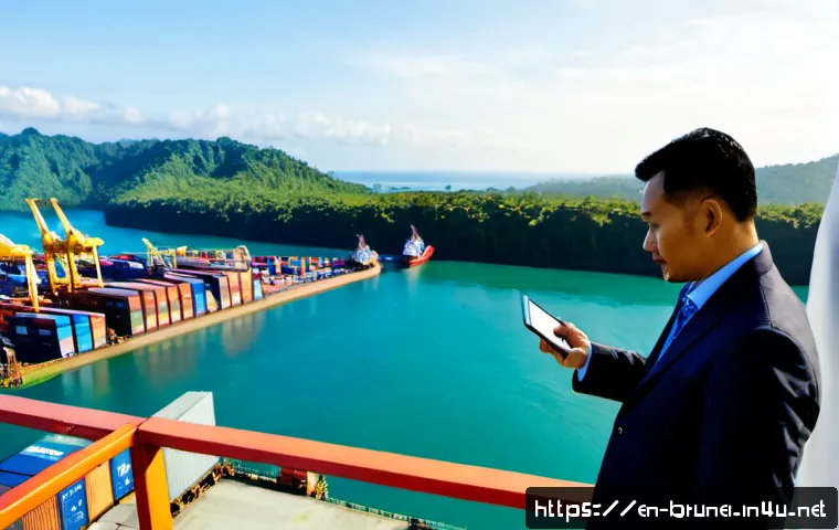 브루나이 국제 무역 협정 - Photorealistic wide-angle scene of Brunei international trade at a modern tropical deep-water port, ...