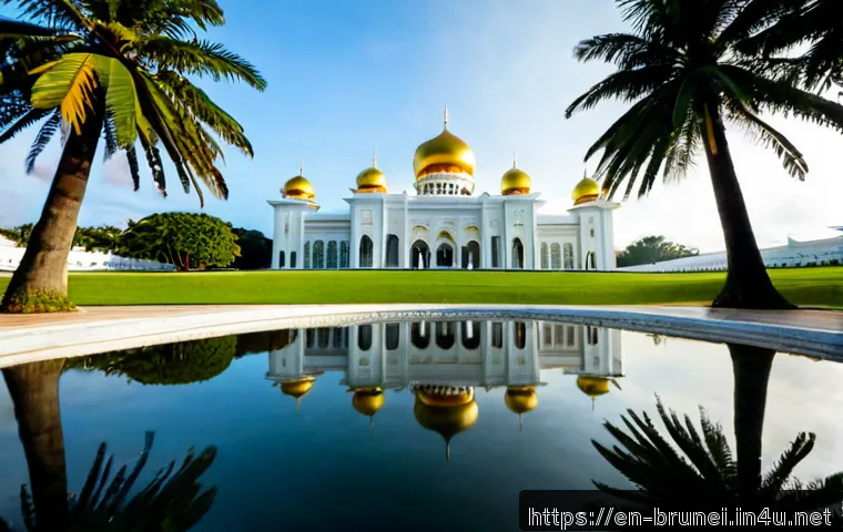 브루나이 왕궁  이스타나 누룰 이만 - Photorealistic wide-angle exterior of Istana Nurul Iman in Brunei, grand white palace with golden do...