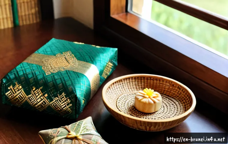 브루나이 기념품 추천 - Photorealistic flat-lay of elegant Brunei souvenir gifts on a polished dark wood table: richly patte...