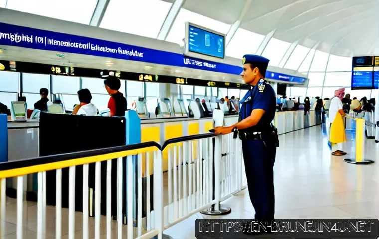 Home 17 브루나이 공항 입국 절차 - Photorealistic international airport arrivals hall in Brunei, a relaxed adult traveler wearing modes...